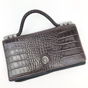 Brighton Brown Leather Reptile Embossed Silver Hardware Strap Wallet Mini Bag